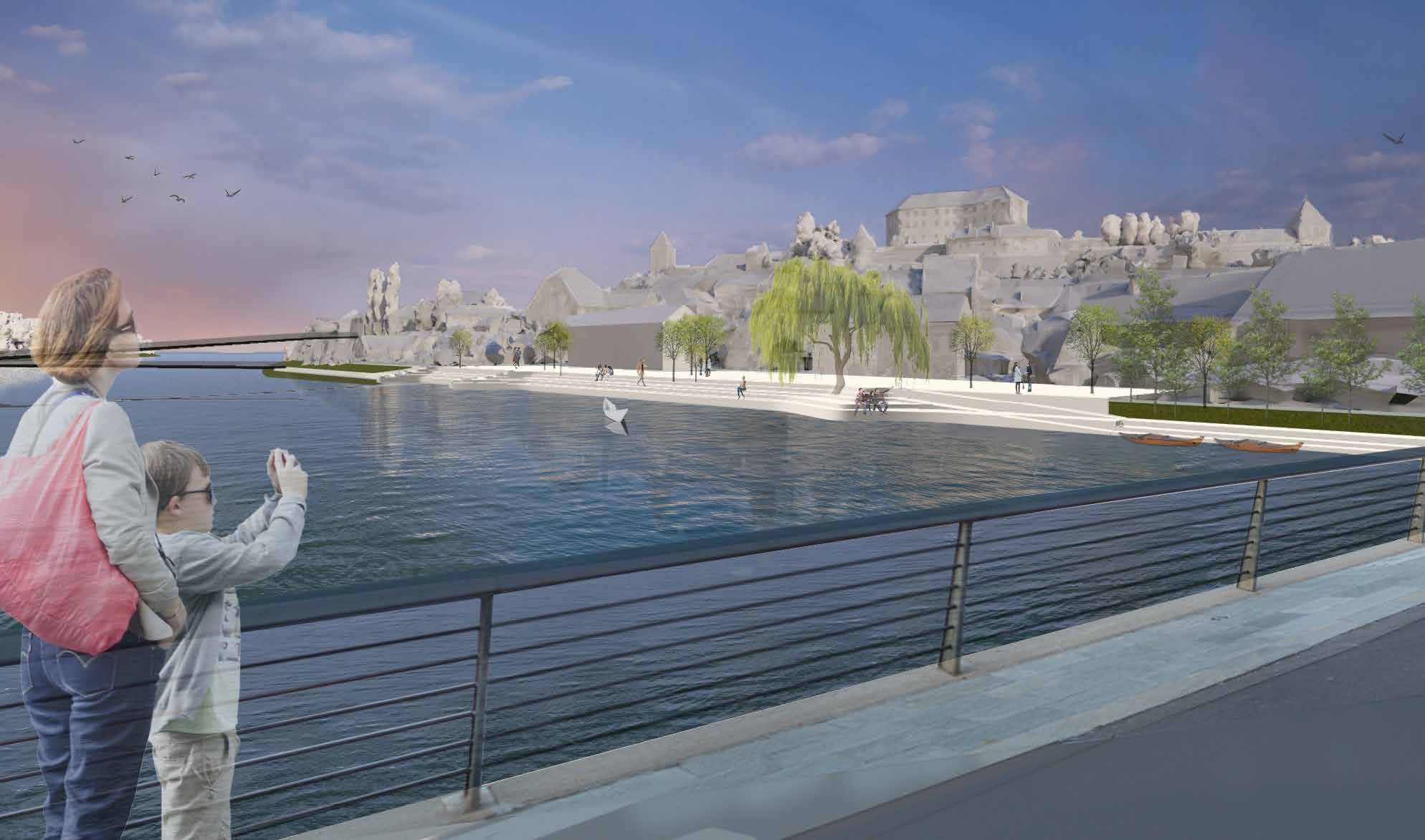 Prikaz načrtovane promenade na levem bregu Drave s pogledom na Ptujski grad